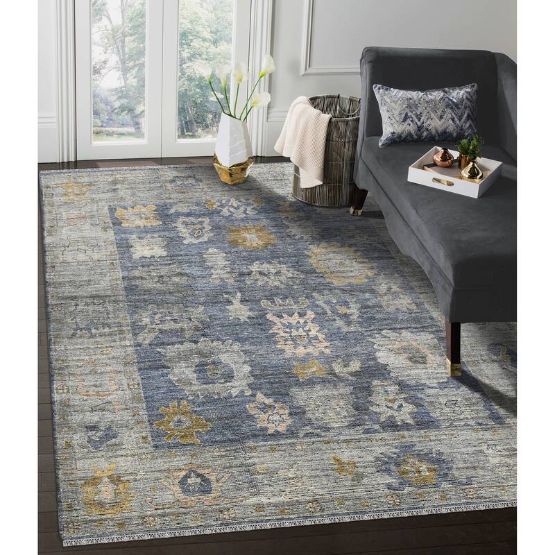 Jwell Avien Transitional Bordered Hand-Knotted Area Rug - 9' x 12' - Water Blue