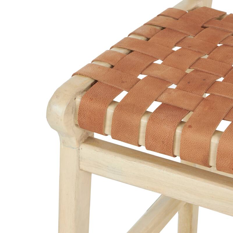 Brown Mango Wood Handmade Woven Bar Stool with Light Brown Wood Frame with Backrest and Footrest