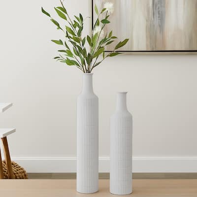 Modern Flower Vase Bottle Set of 2, Narrow Neck, Textured White Metal