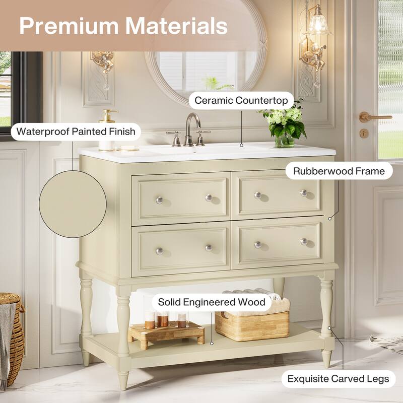 35.4" Beige Single Bathroom Vanity with Ceramic Basin and 4 Drawers