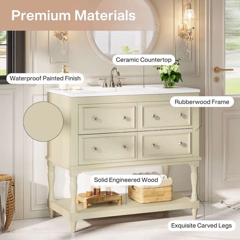 36" Modern Bathroom Vanity with Ceramic Basin, 4 Drawers