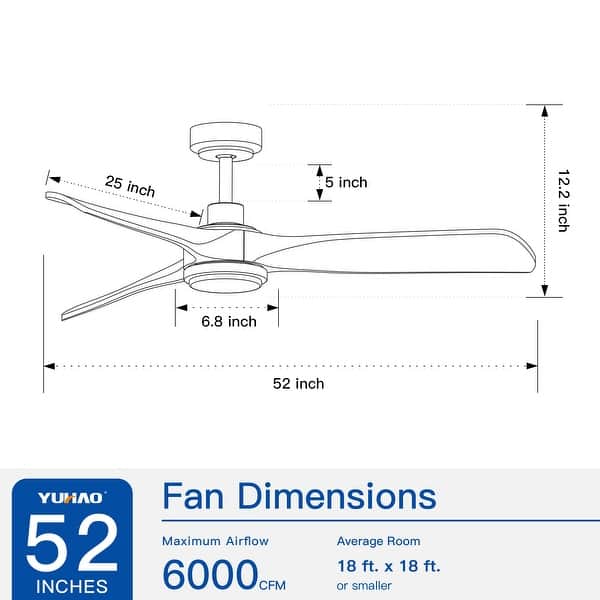dimension image slide 4 of 5, YUHAO SylvanAir Modern 52 in. Flush Mount Outdoor/Indoor Ceiling Fan with 3 Solid Wood Blades and DC Reversible Motor