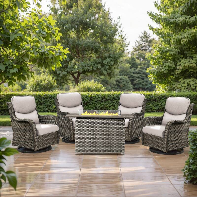 Outdoor Swivel Glider Chair Patio Chairs with 5-Inch Thick Cushions - Grey Wicker Beige Cushion - 5PCS Fire Table Swivel Chairs