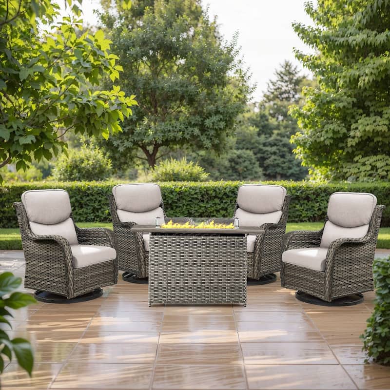 Pocassy Outdoor Swivel Chairs Patio Furniture Set - Grey Rattan - Beige Cushion - 5PCS Swivel Chair w/ Rectangular Fire Table