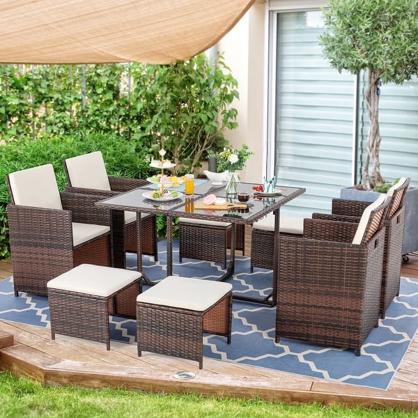 slide 1 of 8, Futzca 9 Piece Small Patio Dining Set, Outdoor PE Wicker Furniture Set with Cushioned Wicker Chairs and Ottoman Sets (Beige)