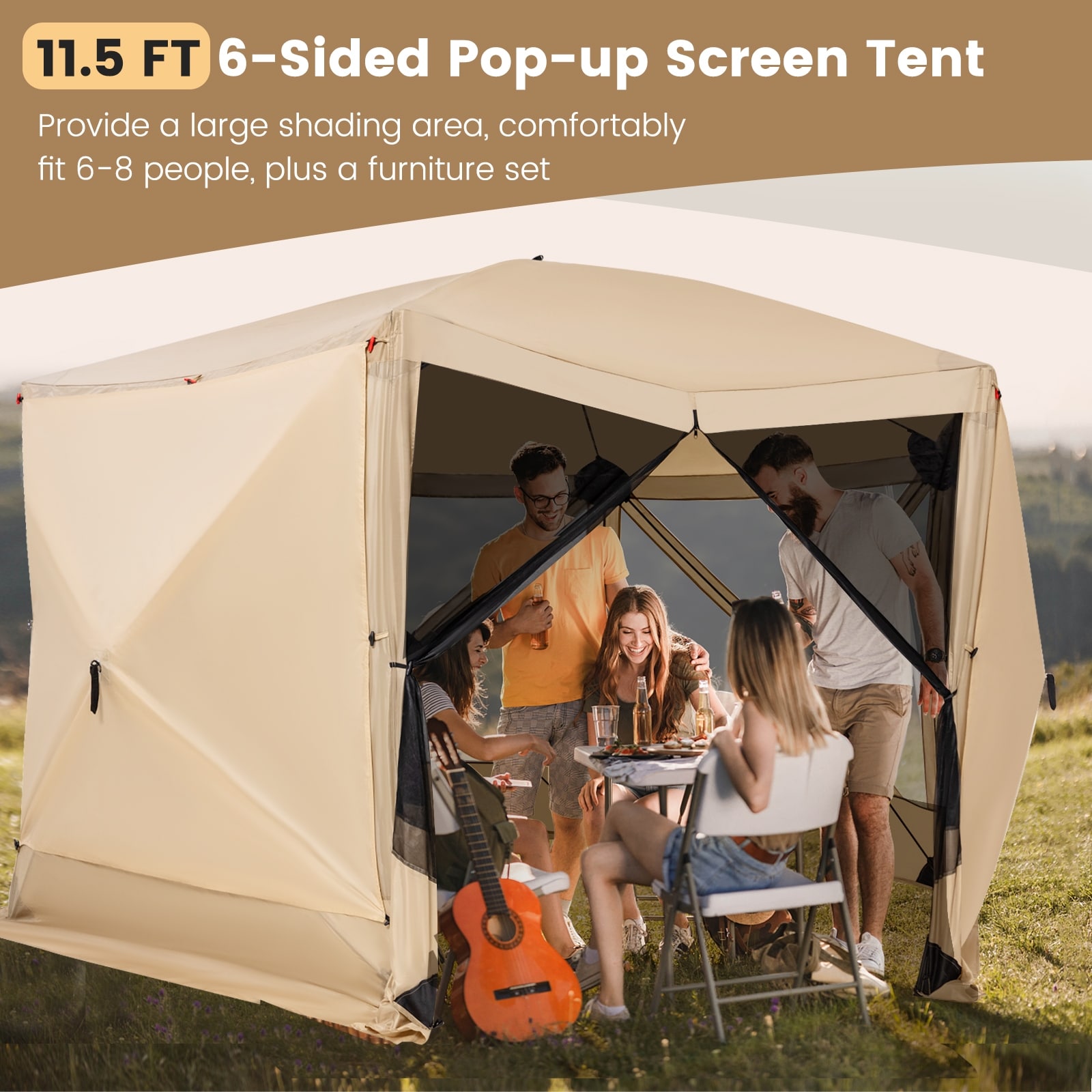 Costway 11.5 X 11.5 FT 6-Sided Pop-up Screen House Tent With 2