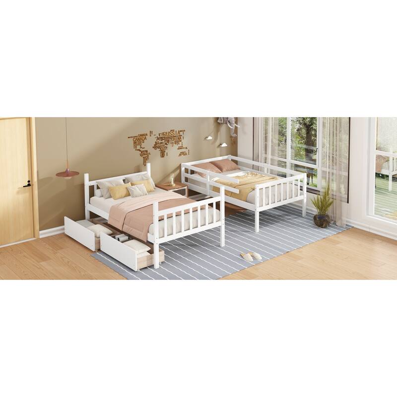 Roomfitters Twin Over Twin Rubber Wood Bunk Bed with Underbed Storage, Convertible to 2 Twin Beds, Ladder & Guardrails