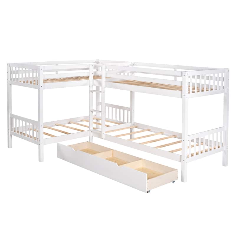 Twin Solid Pine L-Shaped Bunk Bed with Drawers