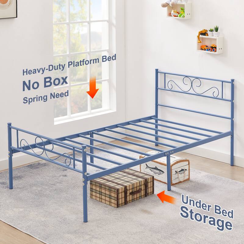 Modern Platform Bed Frame with Premium Graceful Scroll Headboard Twin/Full/Queen