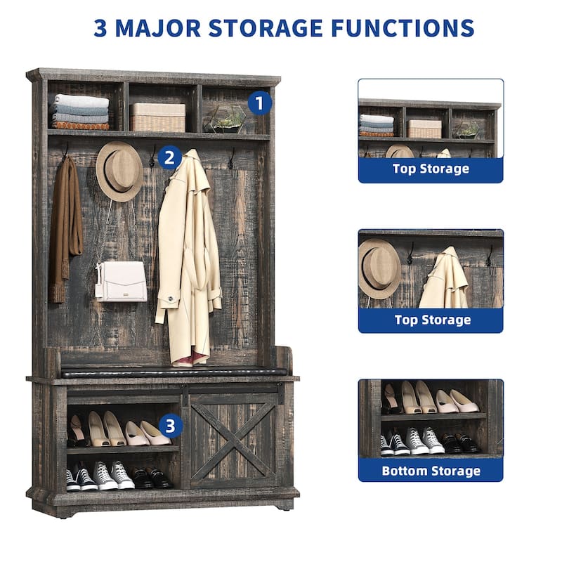 Moasis Farmhouse Hall Tree with Bench and Shoe Storage with 10 Hooks for Entryway