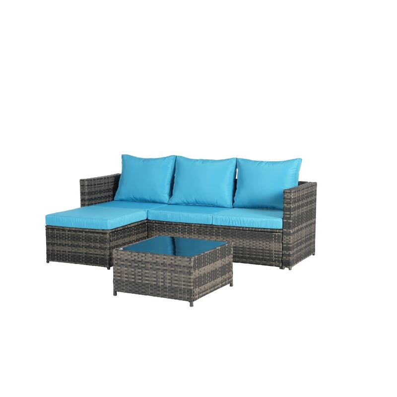 2-Pieces Outdoor Patio L-Shaped Sectional Sofa Set with Glass Coffee Table