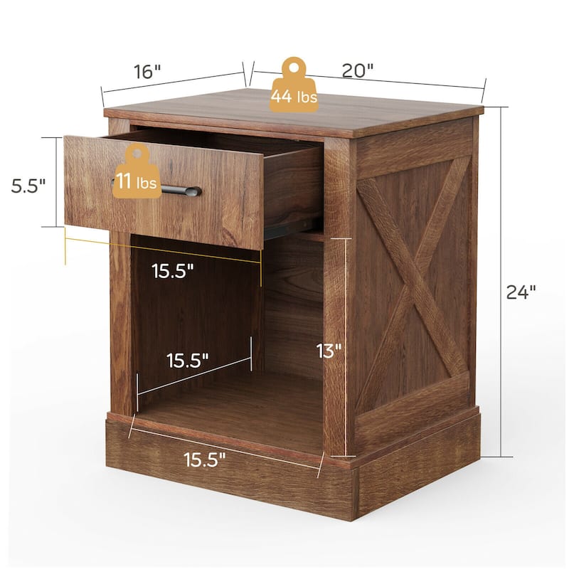 Nightstand with Drawer and Shelf Rustic Wooden Bedside Table Black