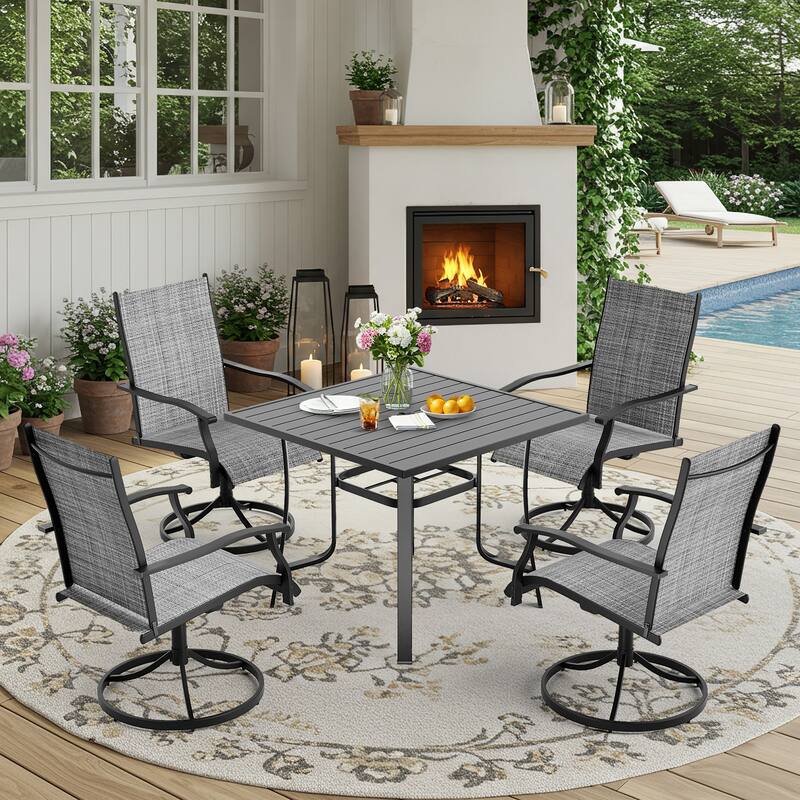 Patio Dining Set, Outdoor Dining Table and Chairs Set with Textilene Chairs, Adjustable Umbrella Hole for Garden, Backyard