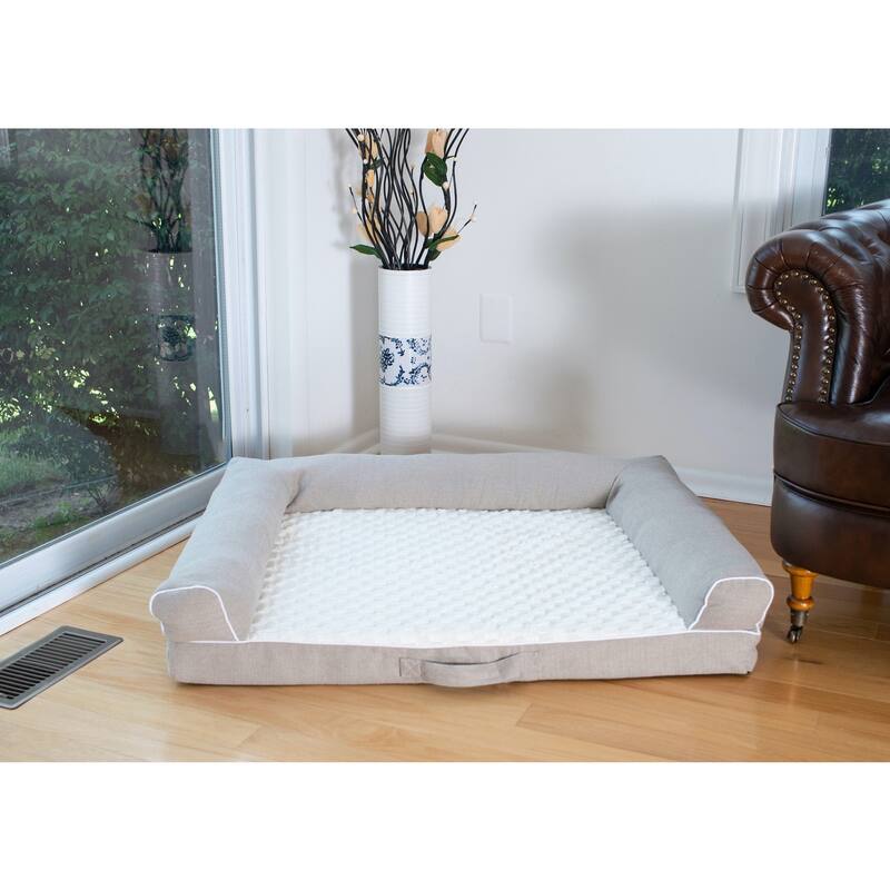 Medium Bolstered Pet Bed Cushion With Memory Foam, Ivory and Beige - 35" x 28" x 8"