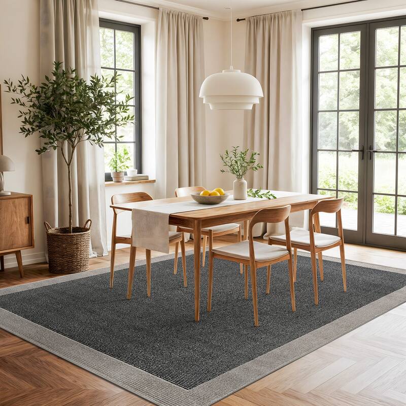 Modern Geometric Stripe Bordered Area Rug for Living Room, Bedroom, or Entryway - Low Pile Indoor Rug