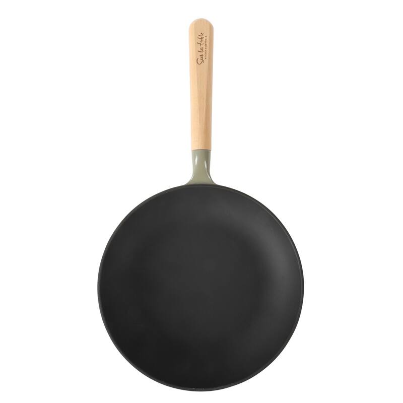 Sur La Table Kitchen Essential 9.5 Inch Pre-Seasoned Cast Iron Skillet with Wood Handle Natural Nonstick Lightweight Cast Iron
