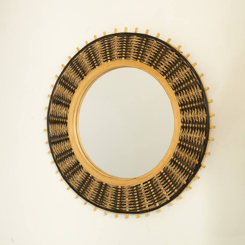 Echo Bamboo Round Art Wall Mirror - Light Yellow & Black Hemp Ropes, Bathroom, Bedroom - Silver,Yellow+Black