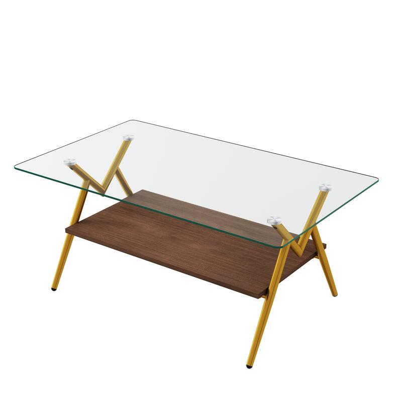 Rectangle Coffee Table with Tempered Glass Top and Shelf