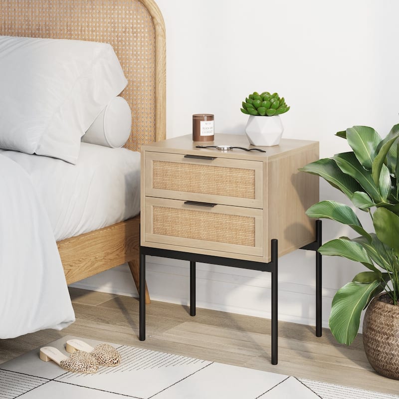 Nathan James Andrew Rattan End Side Table Storage Doors Gold Accents