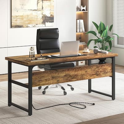 Executive Desk Computer Desk with Extra Thick Tabletop, Simple Office Desk Workstation Study Writing Table with Power Outlets