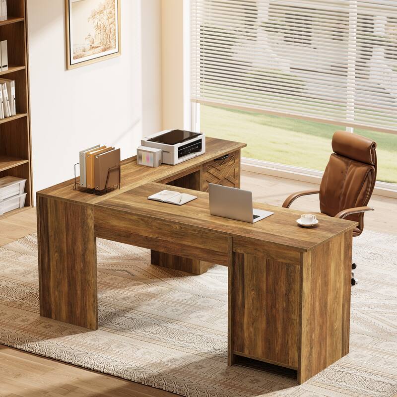 63 Inches Large L Shaped Executive Desk with File Cabinet and Drawer