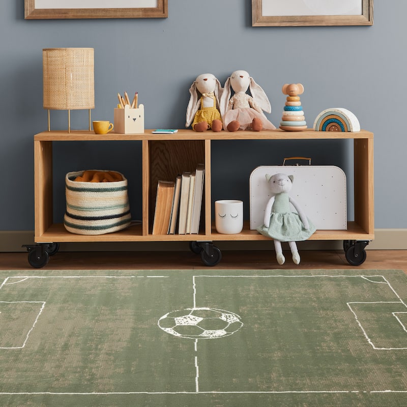 Green Brown Soccer Field Kids Area Rug
