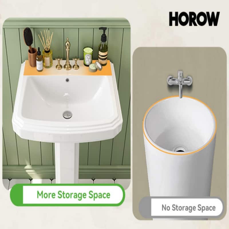 HOROW 23 in. W x18.5 in. D Rectangular Ceramic Pedestal Combo Bathroom Sink in White with Overflow Drain and 3-Faucet Holes