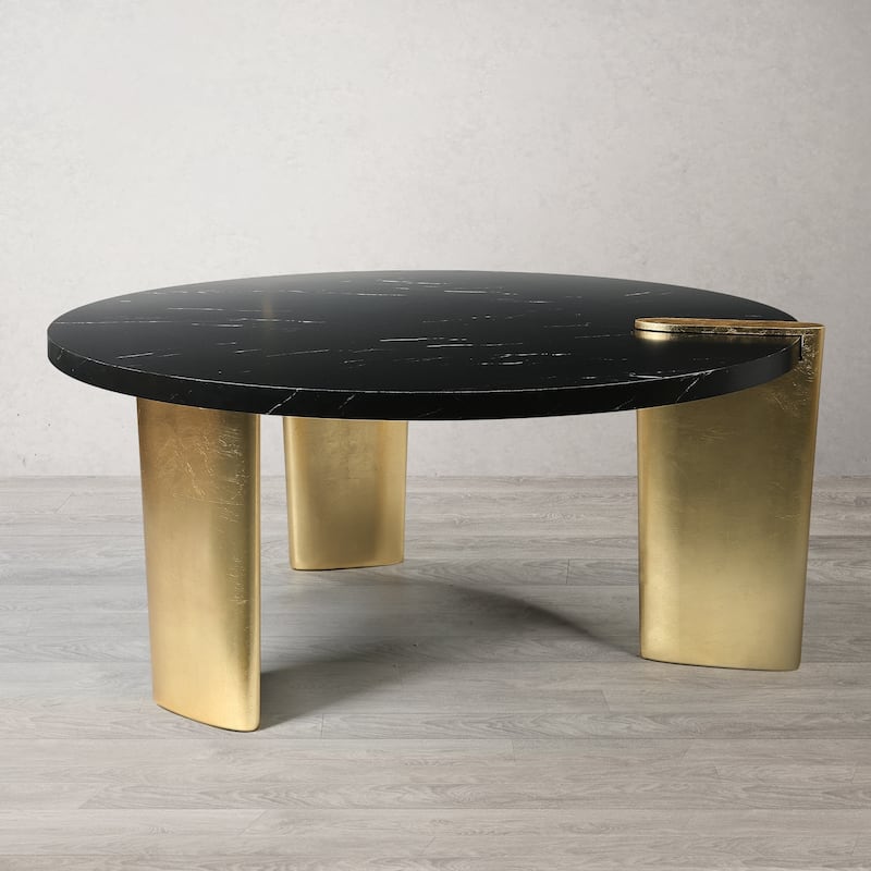Modern Black Round Coffee Table Storage Cocktail Table with Marble Table Top - 37''D x 17" H