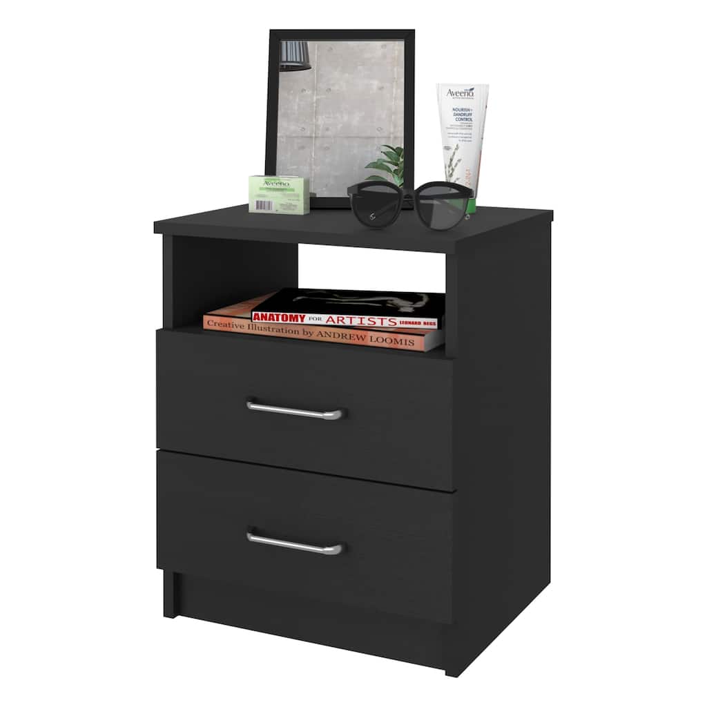 Palma Nightstand, Black - Bedside Table with Two Drawers and Open Shelf, Modern Compact Design