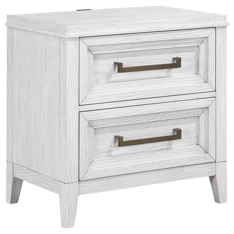 Distressed White 2-Drawer Nightstand with Stepped Fronts, Antique Brass Pulls and Casual Modern Bedroom Design