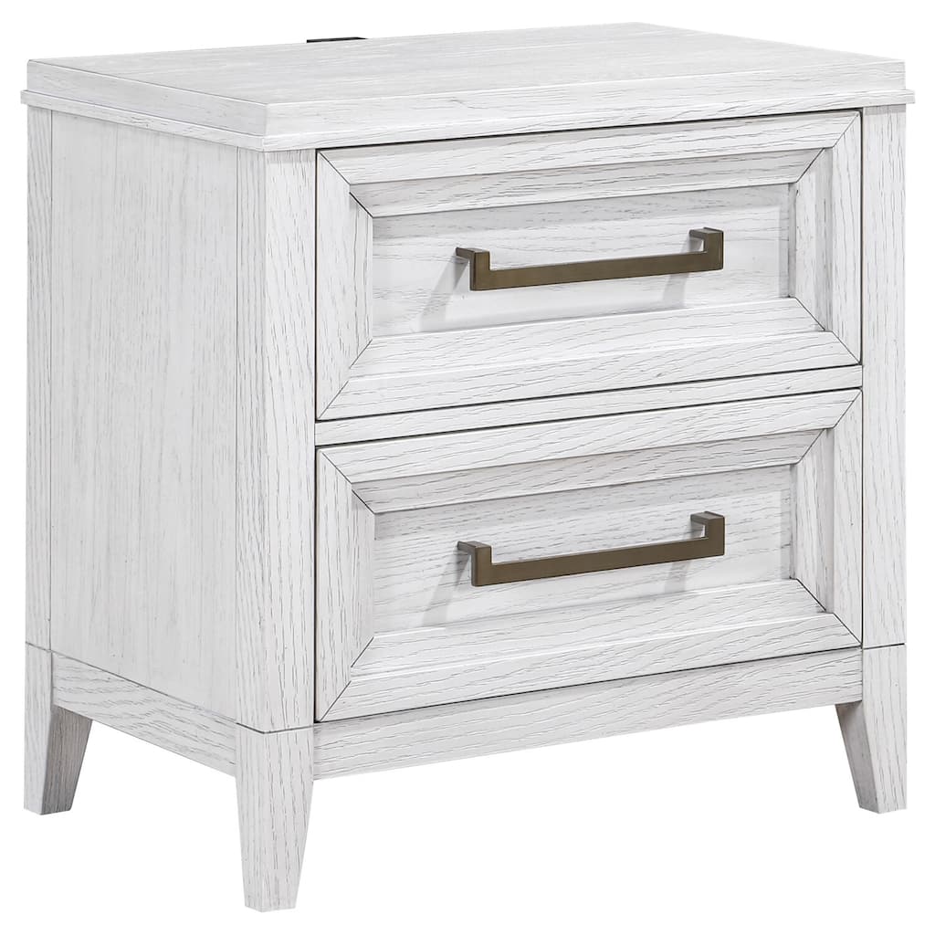 Distressed White 2-Drawer Nightstand with Stepped Fronts, Antique Brass Pulls and Casual Modern Bedroom Design