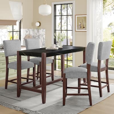 5 Piece Dining Table Set for 4, Counter Height Table Set with 1 Black Rectangle Table and 4 Linen Chairs for Small Place