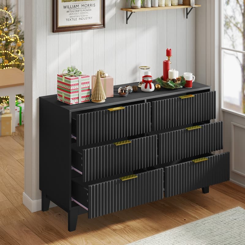EROMMY Fluted Dresser 6 Drawer Mid Century Modern Dresser Wide Chest of Drawers with Metal Handles for Bedroom Living Room
