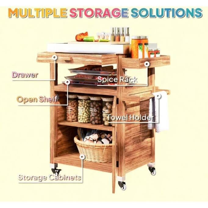 GDFStudio Outdoor Lysandros Fir-Wood Grill Cart with Stainless Steel Top and Organized Storage