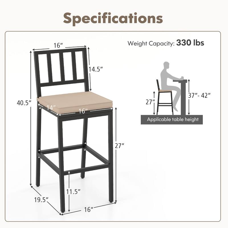 Gymax Patio Bar Chair Set of 2 Heavy Duty Metal All Weather Bar Stools