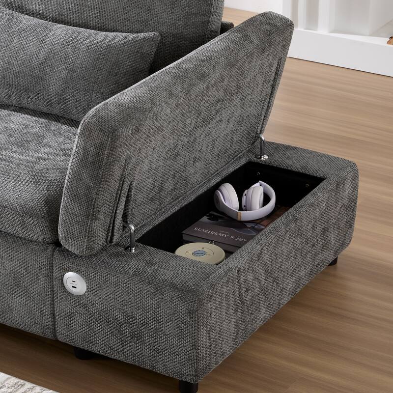 L Shape Modular Sectional Pull-Out Sofa with Storage Ottoman, USB Port & Adjustable Armrests, Oversized Chenille Cloud Sofa