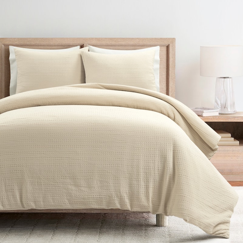 Lush Decor Haniya Solid Waffle Woven Cotton Textured Duvet Cover 3 Pieces Set