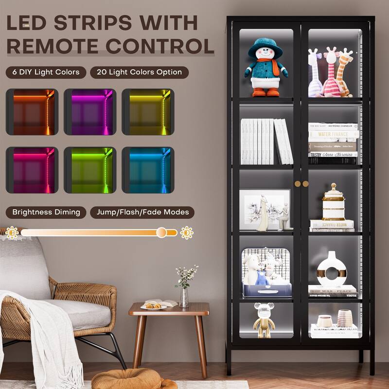 4/5-Tier Glass Curio Display Cabinet with Doors & Adjustable Storage Shelves
