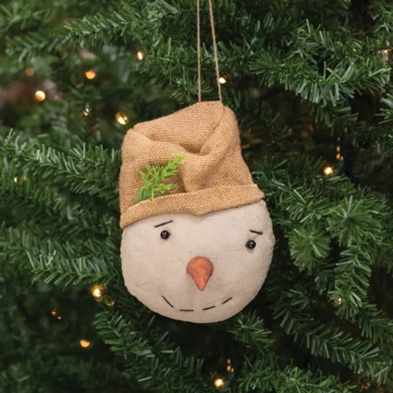 Stuffed Primitive Beige Hat Snowman Ornament for Christmas Tree - 5" x 3" x 3.25"