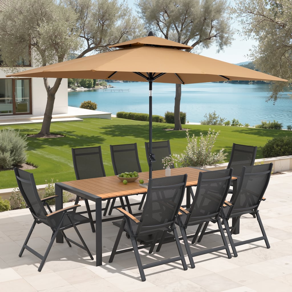 9/11-Piece Outdoor Patio Dining Set Aluminum Dining Table and Chairs w/10 ft Market Umbrella and Base with Wheels