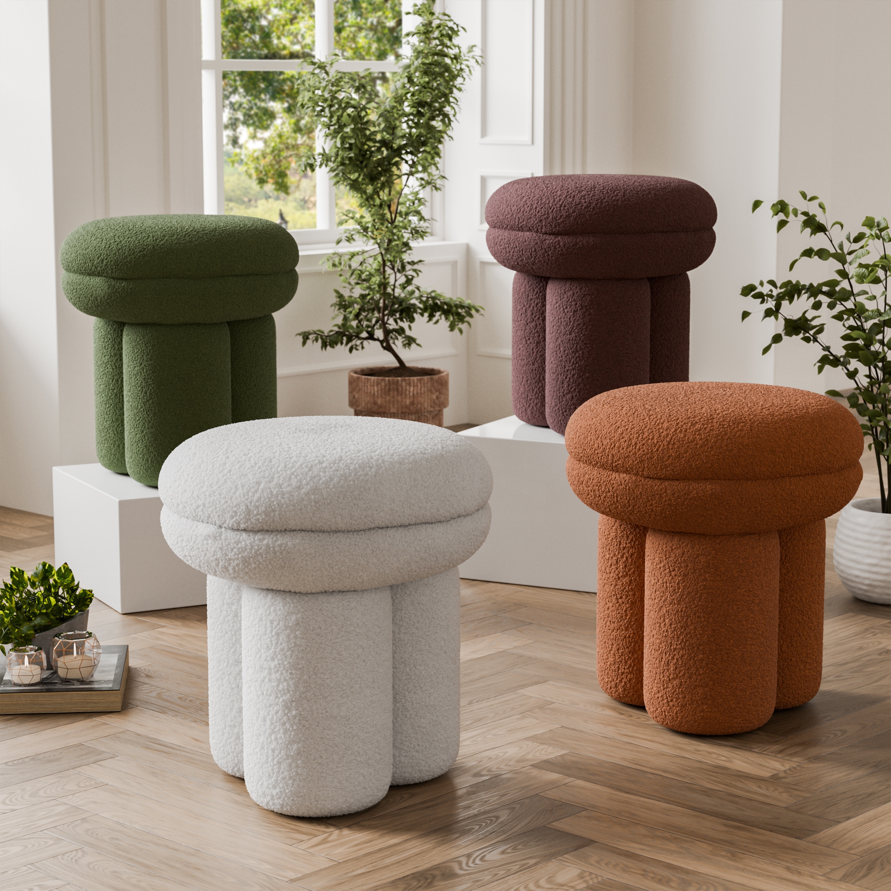247 Shop At Home Modern Boucle Upholstered Ottoman with Tri-Pillar Pedestal