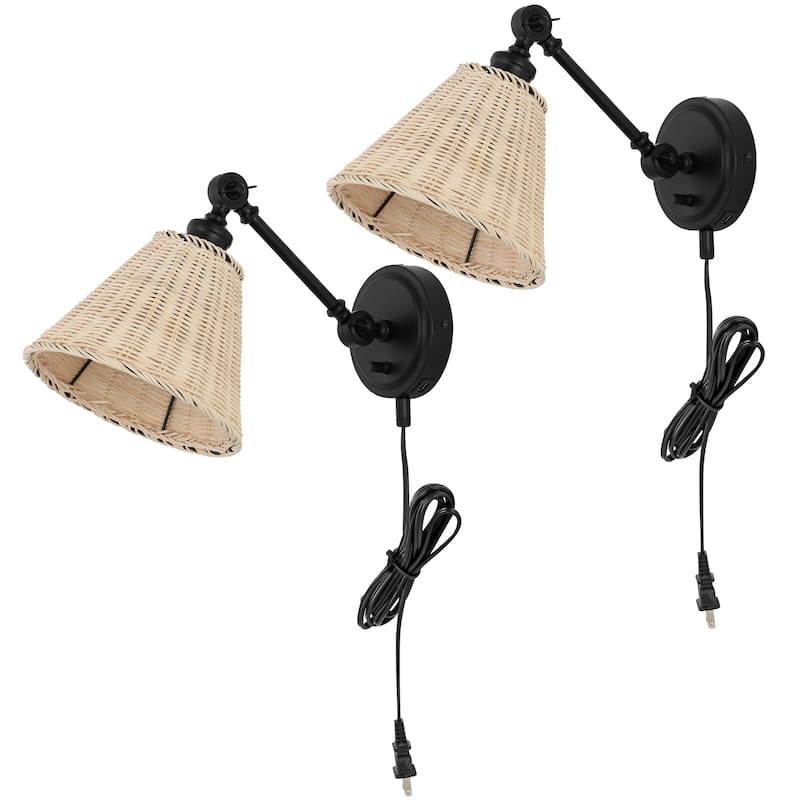 SAFAVIEH Lighting Oswynn Wall Sconce (Set of 2) - Black/Natural Rattan - 8"W x 15"D x 10"H