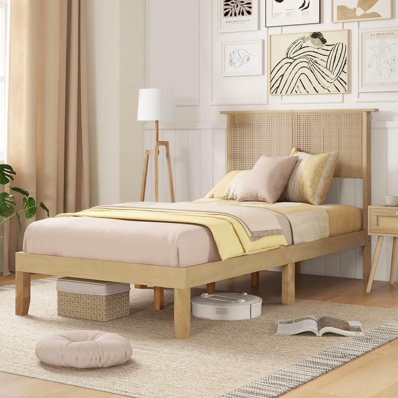 Gymax Twin/Full/Queen Size Bed Frame w/ Rattan Headboard 10 Solid Wood