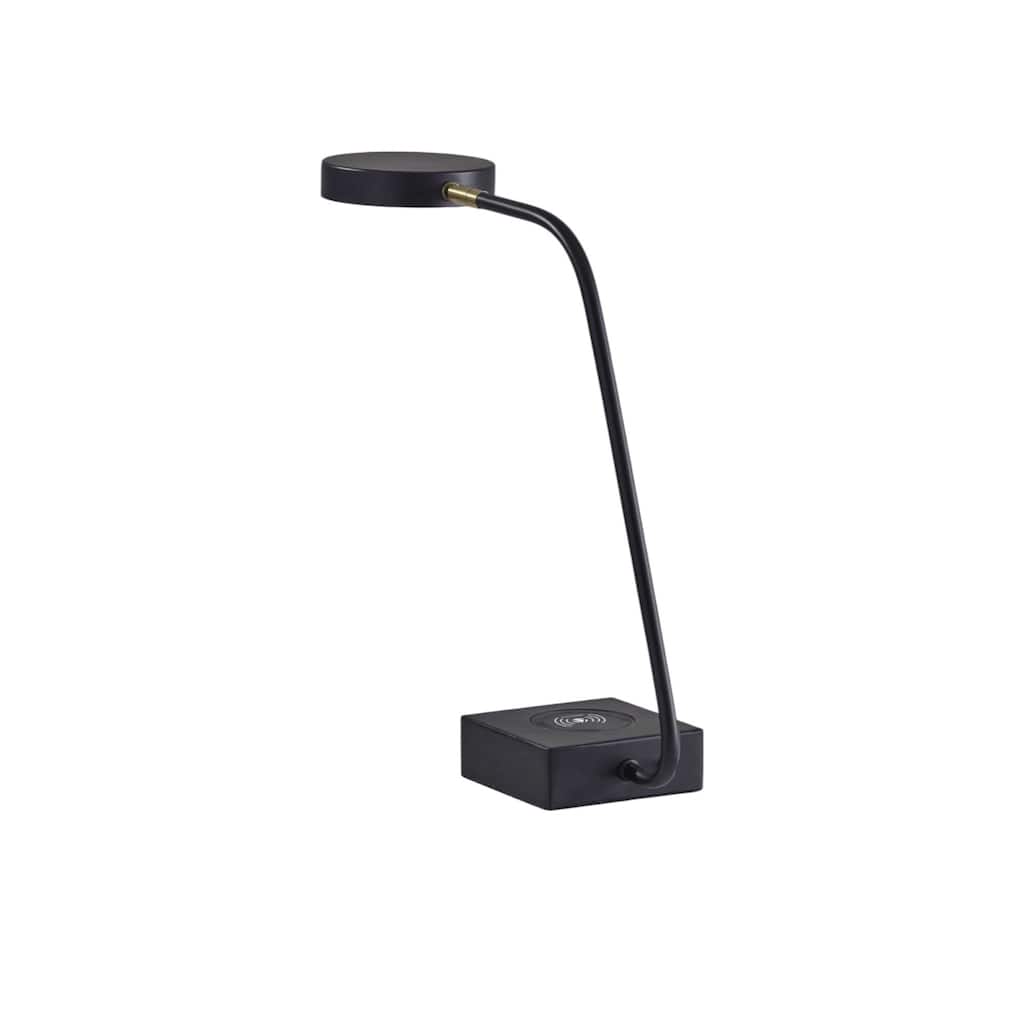 Matte Black Metal Desk Lamp with Antique Brass LED, USB and Wireless Charging - 15.5” x 4.75” x 19” (D x W x H)