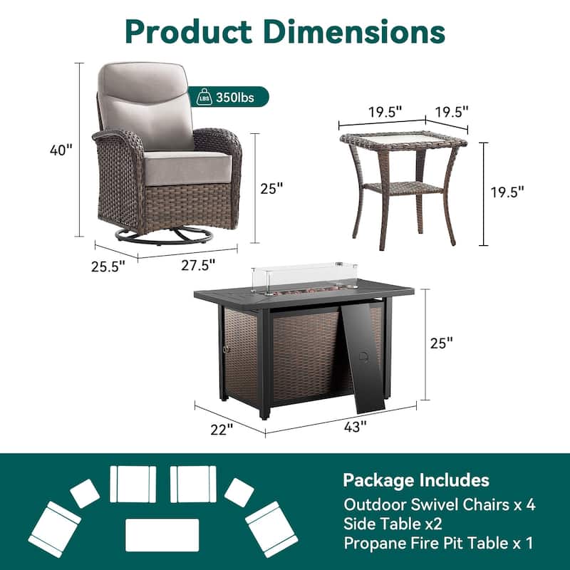 Pocassy Outdoor Sofa Swivel Chair and Ottman with 43in Fire Pit Table