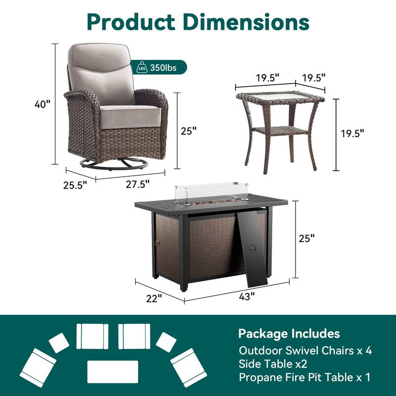 Pocassy Outdoor Sofa Swivel Chair and Ottman with Fire Pit Table