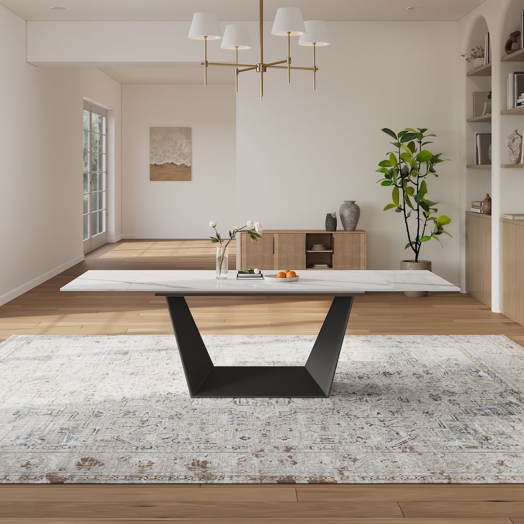 63"-95" Modern Extendable Dining Table For 6-10,White Glossy Sintered Stone Tabletop - 95