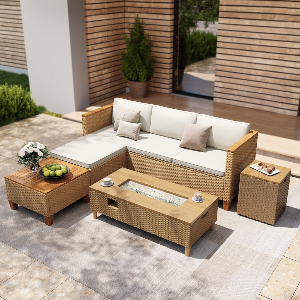 MAISON ARTS Outdoor Sofa Set，All-Weather Solid Wood Wicker Sectional Furniture Set