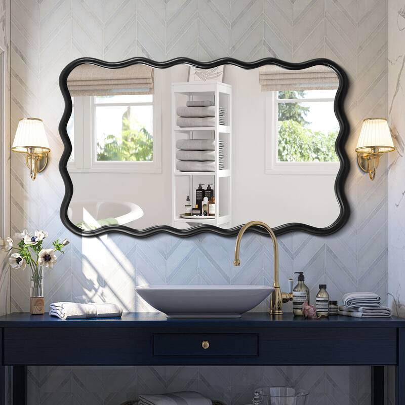 Solid Wood Wavy Frame Wall Mirror, 40"x28" Rectangle Design for Entryway, Cloakroom, and Dining Room