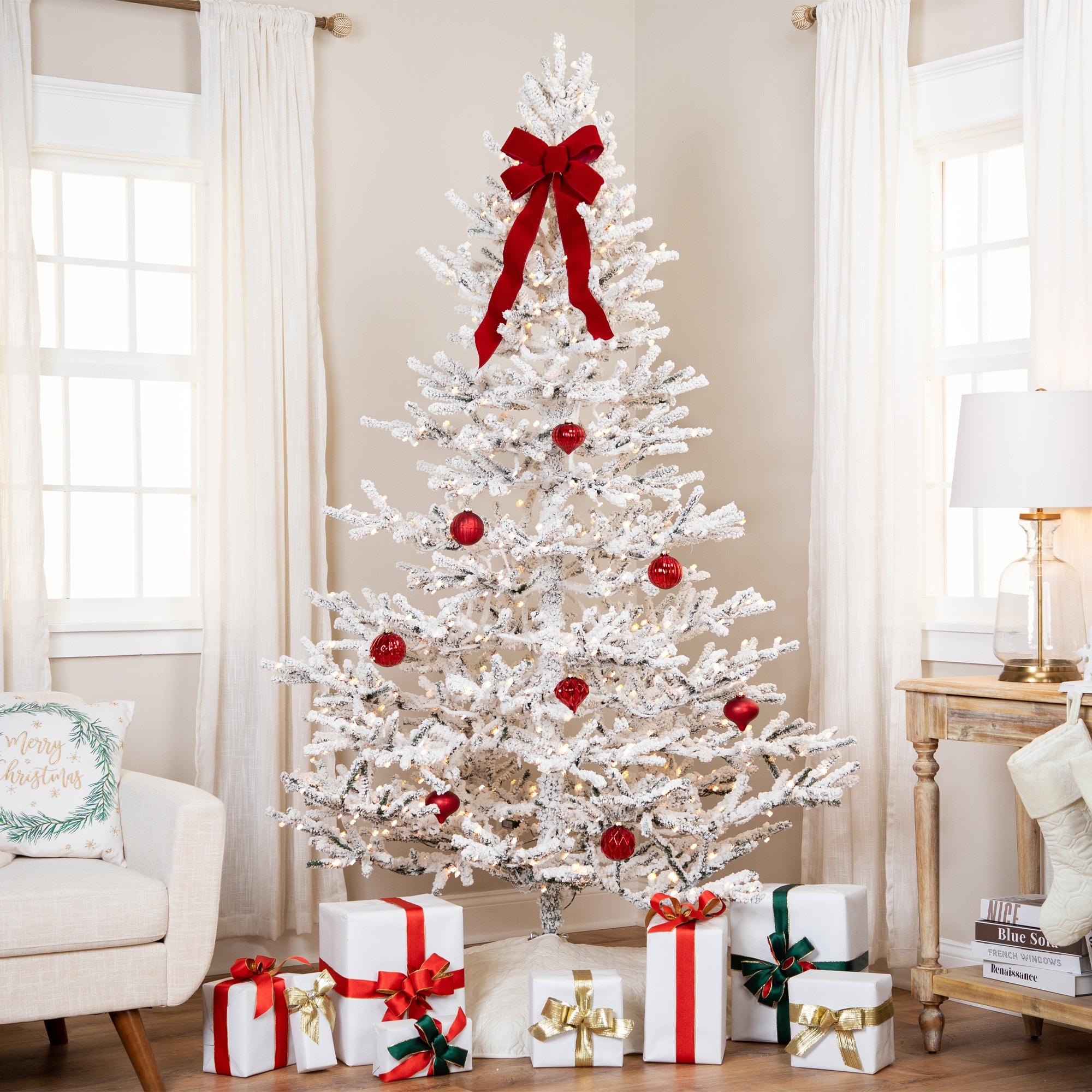 Medium Flocked Ipt Artificial Garden Christmas Tree 6.5' White LED - 6.5 Foot